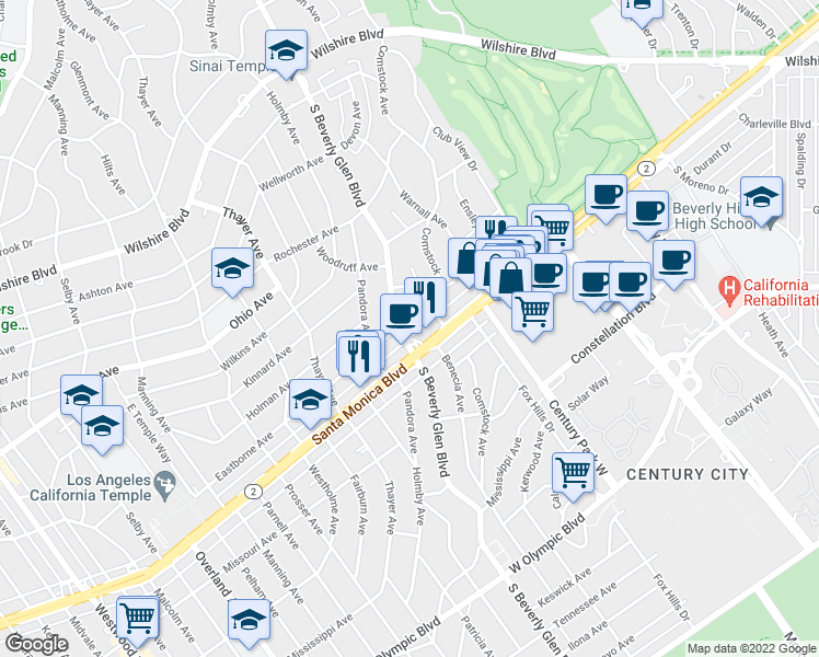 map of restaurants, bars, coffee shops, grocery stores, and more near 1616 South Beverly Glen Boulevard in Los Angeles