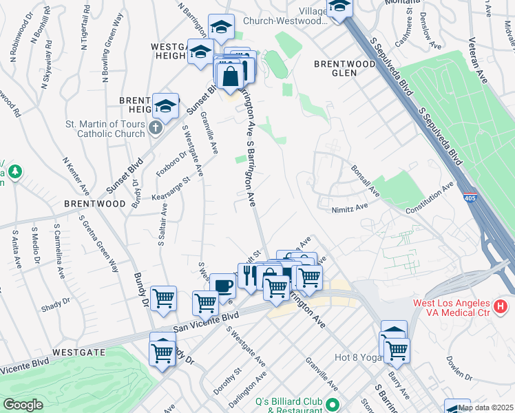 map of restaurants, bars, coffee shops, grocery stores, and more near 555 South Barrington Avenue in Los Angeles