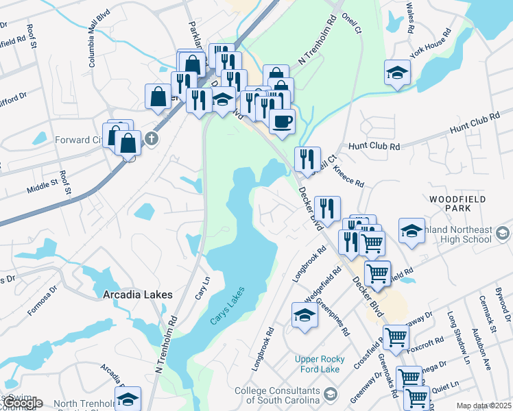 map of restaurants, bars, coffee shops, grocery stores, and more near 7021 Cleaton Drive in Columbia