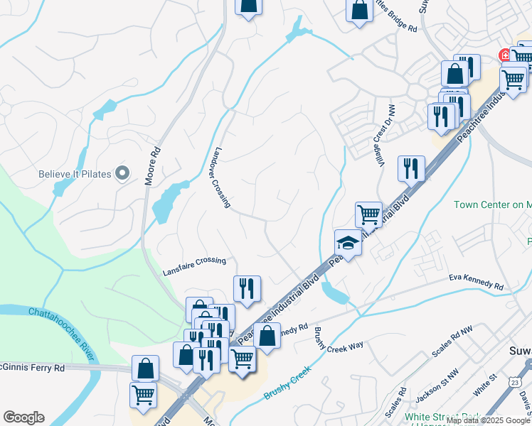 map of restaurants, bars, coffee shops, grocery stores, and more near 1060 Landover Crossing in Suwanee