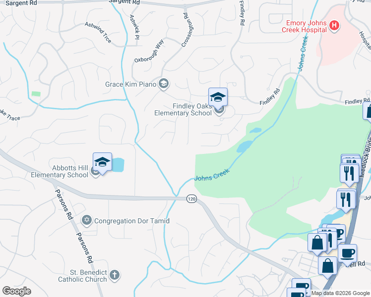 map of restaurants, bars, coffee shops, grocery stores, and more near 630 Arncliffe Court in Alpharetta