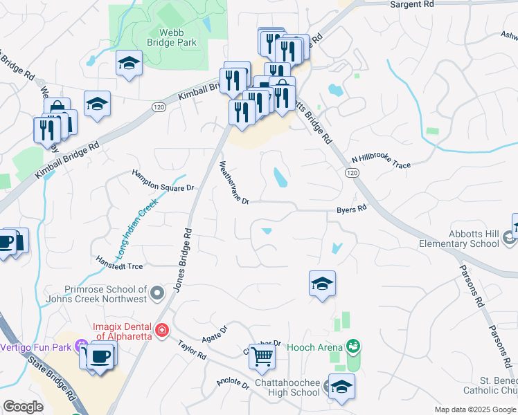 map of restaurants, bars, coffee shops, grocery stores, and more near 5011 Weathervane Drive in Johns Creek