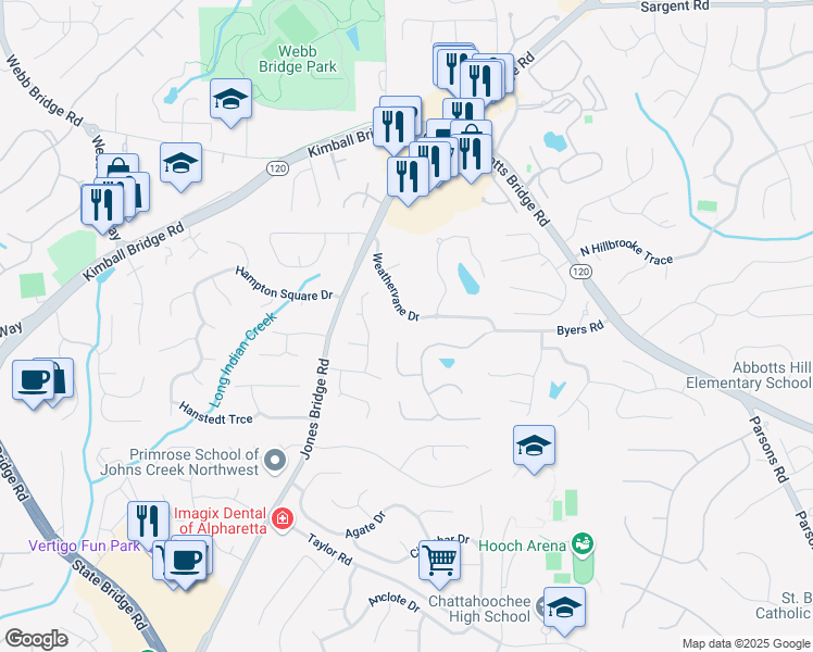 map of restaurants, bars, coffee shops, grocery stores, and more near 4981 Weathervane Drive in Alpharetta