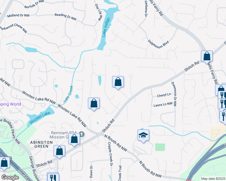 map of restaurants, bars, coffee shops, grocery stores, and more near 737 Dushea Court Northwest in Kennesaw