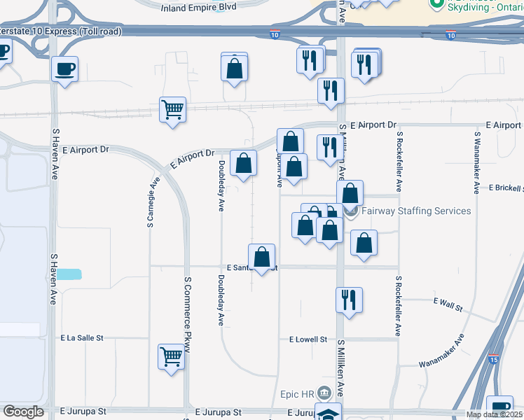 map of restaurants, bars, coffee shops, grocery stores, and more near 500 South Dupont Avenue in Ontario