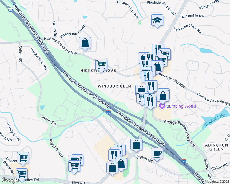 map of restaurants, bars, coffee shops, grocery stores, and more near 4286 Hathaway Court Northwest in Kennesaw