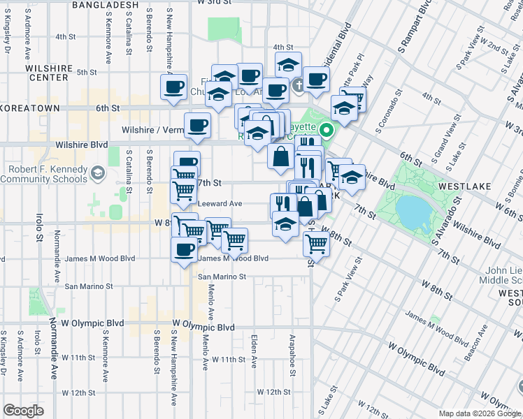 map of restaurants, bars, coffee shops, grocery stores, and more near 2918 Leeward Avenue in Los Angeles