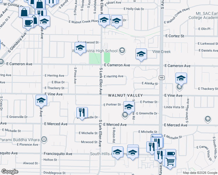 map of restaurants, bars, coffee shops, grocery stores, and more near 1439 East Thackery Avenue in West Covina