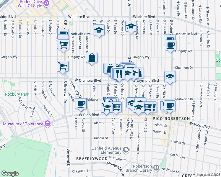 map of restaurants, bars, coffee shops, grocery stores, and more near 430 South Maple Drive in Beverly Hills