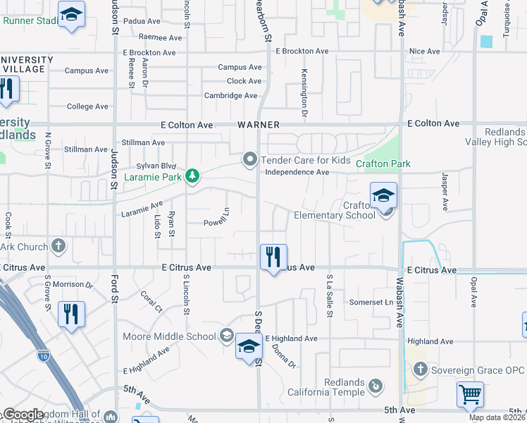 map of restaurants, bars, coffee shops, grocery stores, and more near 304 North Dearborn Street in Redlands