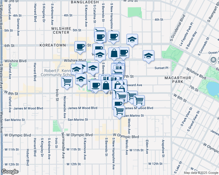 map of restaurants, bars, coffee shops, grocery stores, and more near 747 South New Hampshire Avenue in Los Angeles