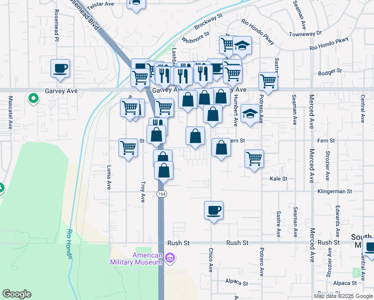 map of restaurants, bars, coffee shops, grocery stores, and more near 9419 Paramount Street in South El Monte
