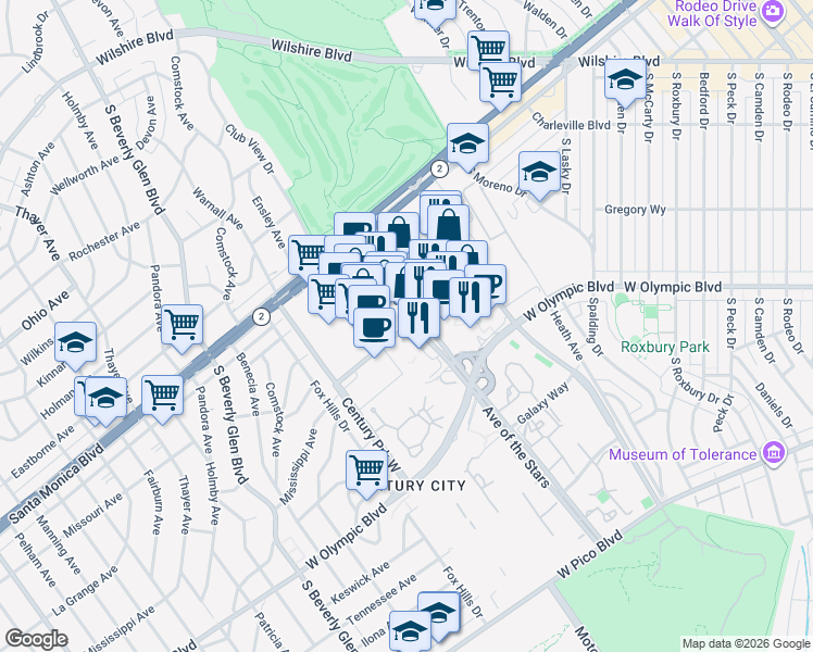 map of restaurants, bars, coffee shops, grocery stores, and more near Constellation Boulevard in Los Angeles
