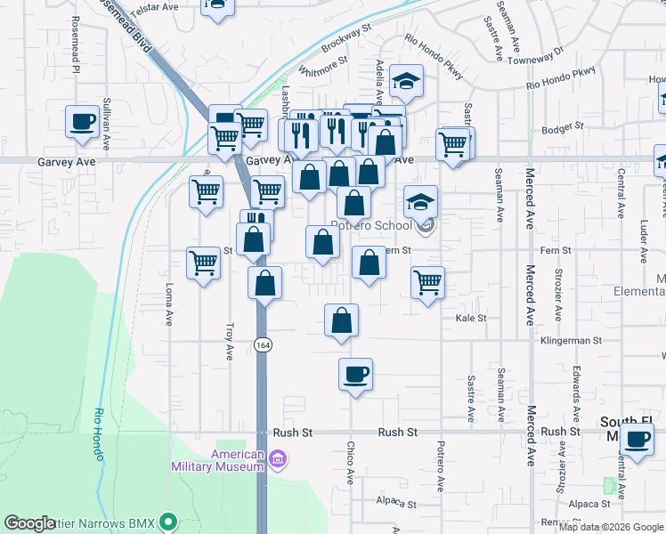 map of restaurants, bars, coffee shops, grocery stores, and more near 2603 Chico Avenue in South El Monte
