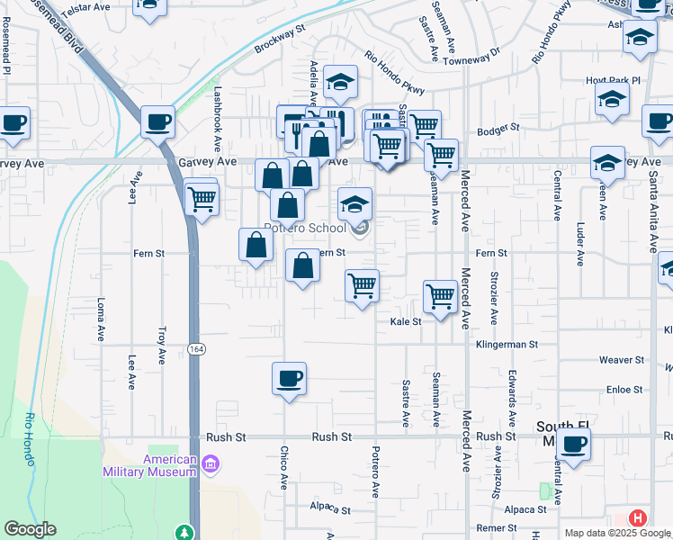 map of restaurants, bars, coffee shops, grocery stores, and more near 9714 Fern Street in South El Monte