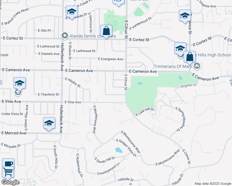 map of restaurants, bars, coffee shops, grocery stores, and more near 2523 East Thackery Street in West Covina