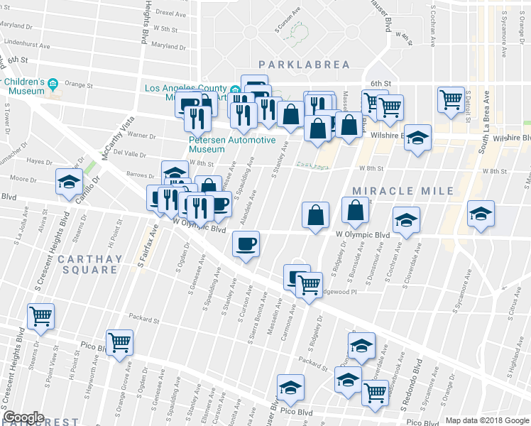 map of restaurants, bars, coffee shops, grocery stores, and more near 918 South Stanley Avenue in Los Angeles