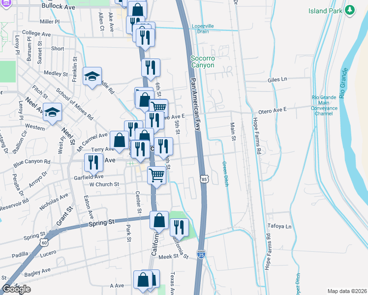 map of restaurants, bars, coffee shops, grocery stores, and more near 200 5th Street in Socorro