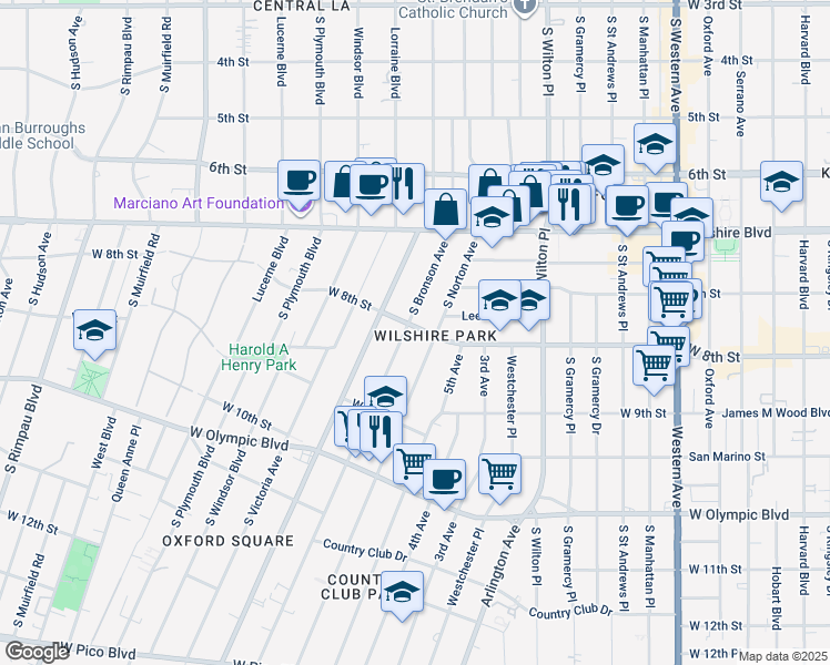 map of restaurants, bars, coffee shops, grocery stores, and more near 800 South Bronson Avenue in Los Angeles