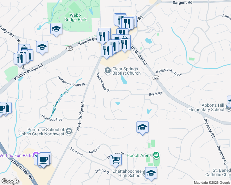 map of restaurants, bars, coffee shops, grocery stores, and more near 5017 Weathervane Drive in Johns Creek