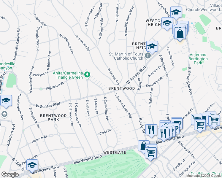 map of restaurants, bars, coffee shops, grocery stores, and more near 12309 Sunset Boulevard in Los Angeles