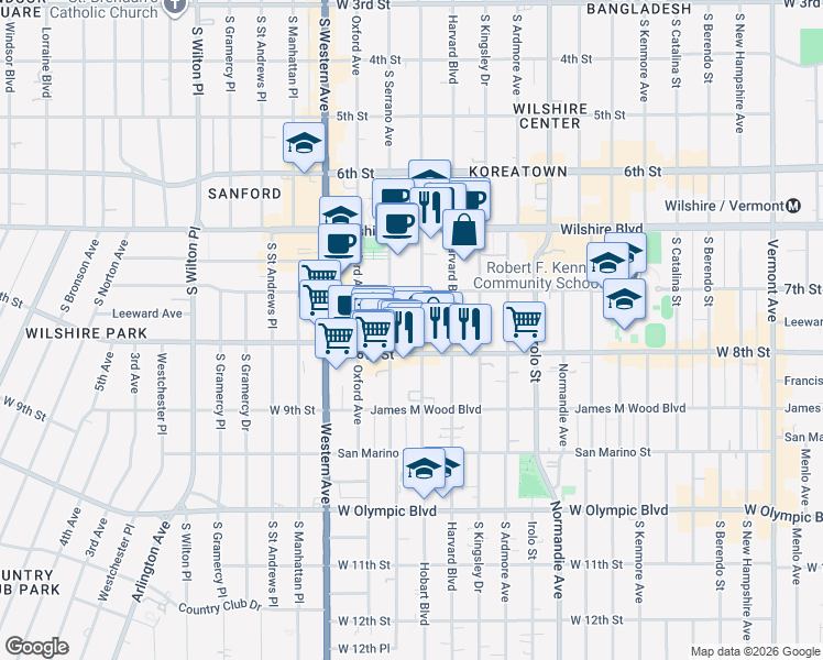 map of restaurants, bars, coffee shops, grocery stores, and more near 741 South Hobart Boulevard in Los Angeles