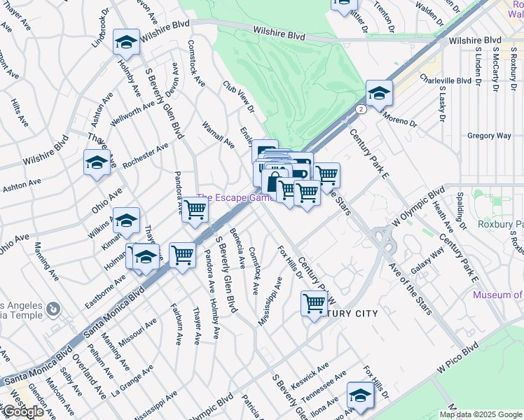 map of restaurants, bars, coffee shops, grocery stores, and more near 10275 Missouri Avenue in Los Angeles