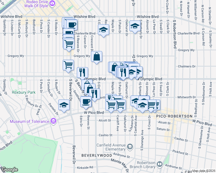 map of restaurants, bars, coffee shops, grocery stores, and more near 433 Rexford Drive in Beverly Hills