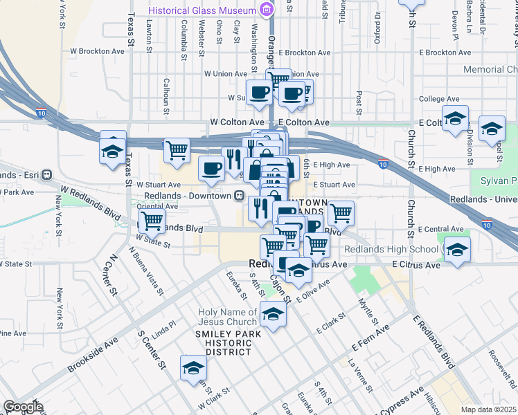 map of restaurants, bars, coffee shops, grocery stores, and more near 347 Orange Street in Redlands