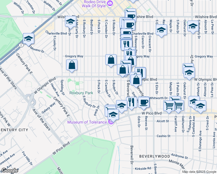 map of restaurants, bars, coffee shops, grocery stores, and more near 423 South Camden Drive in Beverly Hills