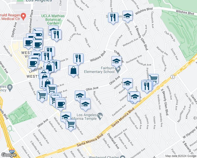 map of restaurants, bars, coffee shops, grocery stores, and more near 10655 Rochester Avenue in Los Angeles