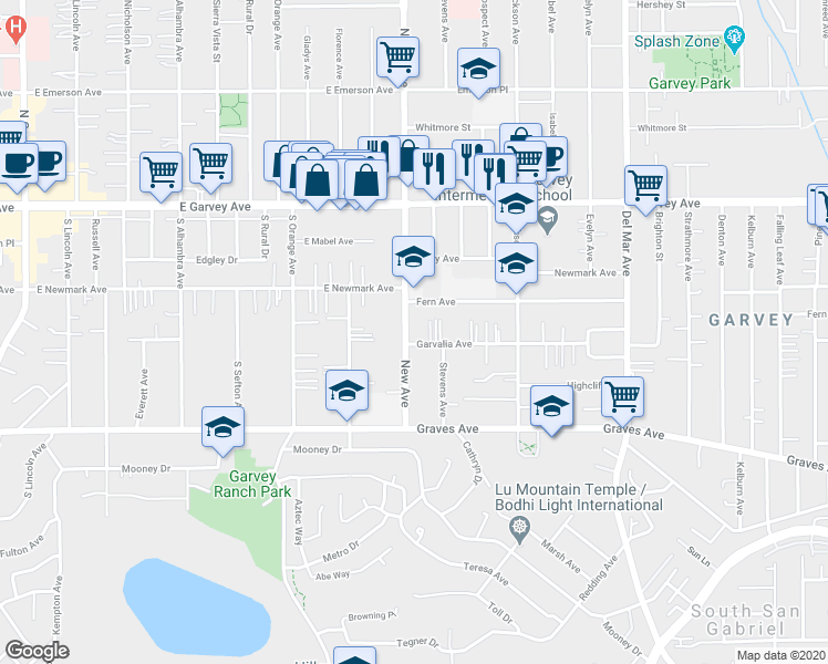 map of restaurants, bars, coffee shops, grocery stores, and more near 7434 Fern Avenue in Rosemead