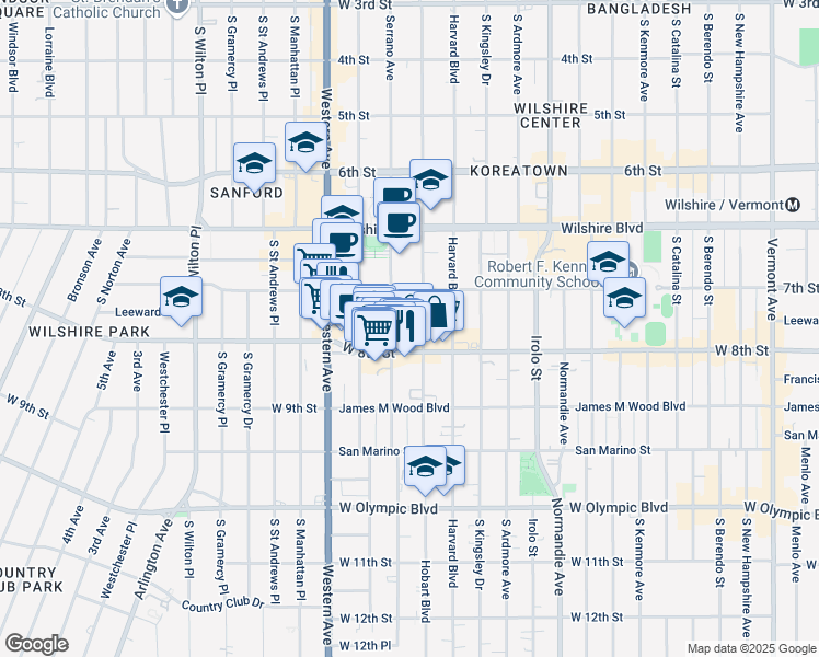 map of restaurants, bars, coffee shops, grocery stores, and more near 741 South Hobart Boulevard in Los Angeles