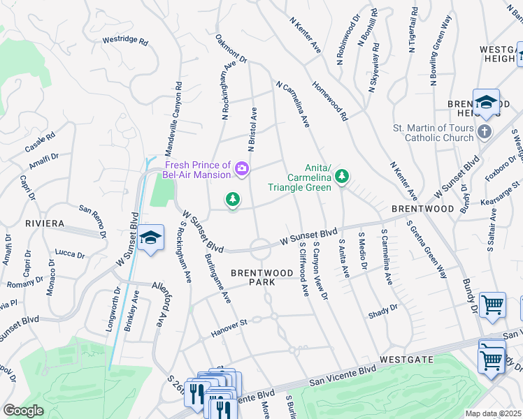 map of restaurants, bars, coffee shops, grocery stores, and more near 164 North Bristol Avenue in Los Angeles