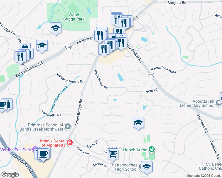 map of restaurants, bars, coffee shops, grocery stores, and more near 5011 Weathervane Drive in Johns Creek