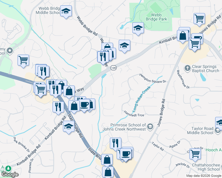 map of restaurants, bars, coffee shops, grocery stores, and more near 110 Milton Ridge Court in Alpharetta
