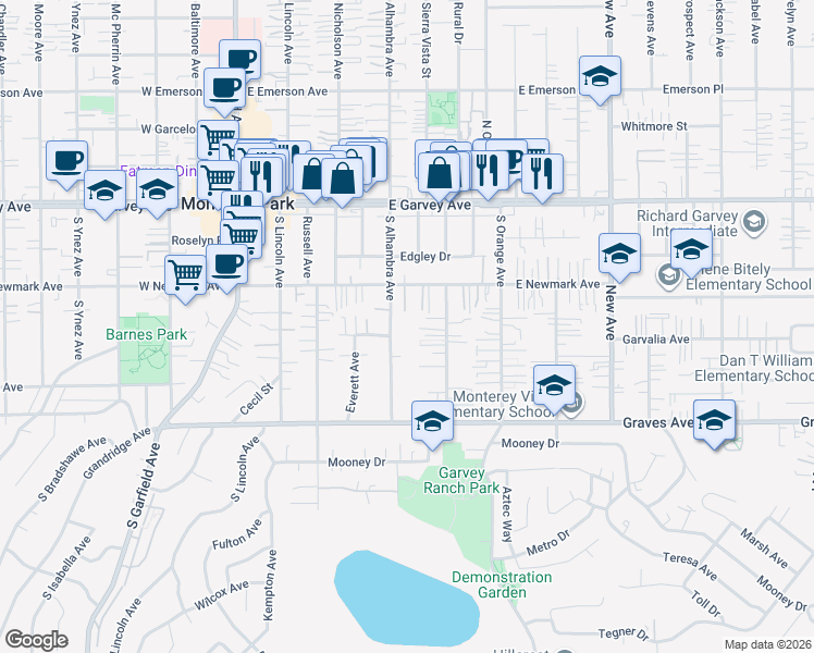 map of restaurants, bars, coffee shops, grocery stores, and more near 336 South Alhambra Avenue in Monterey Park