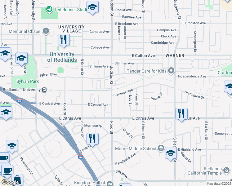 map of restaurants, bars, coffee shops, grocery stores, and more near 450 Judson Street in Redlands