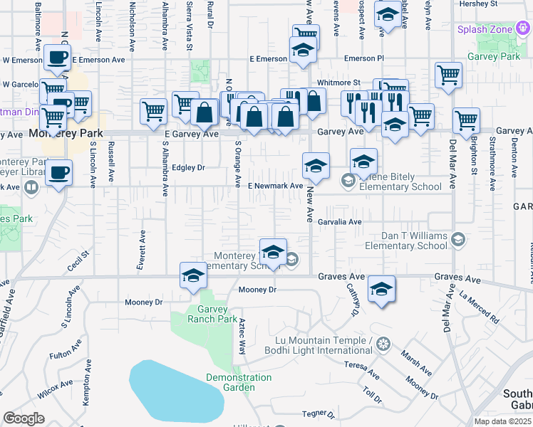 map of restaurants, bars, coffee shops, grocery stores, and more near 339 South Pomelo Avenue in Monterey Park