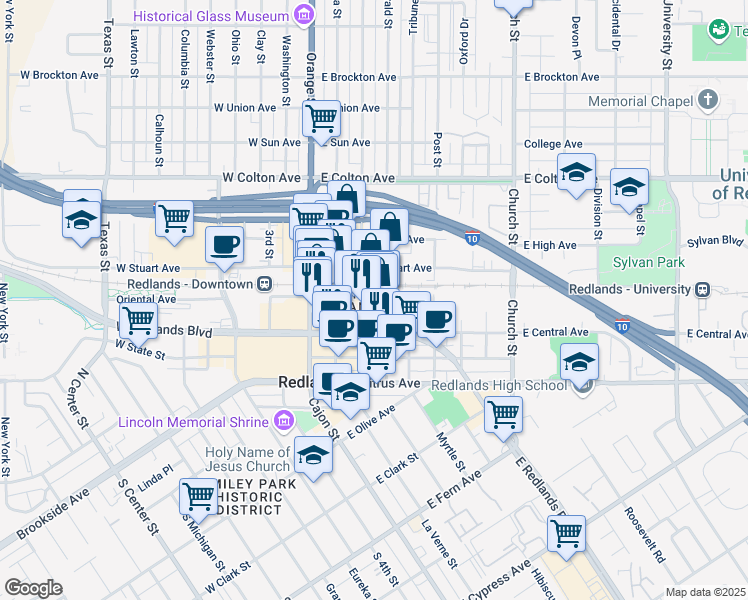 map of restaurants, bars, coffee shops, grocery stores, and more near 340 6th Street in Redlands
