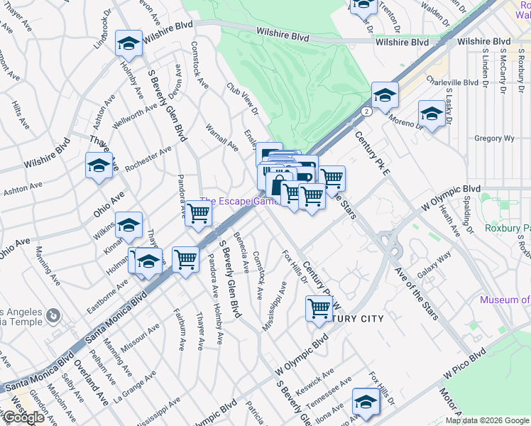 map of restaurants, bars, coffee shops, grocery stores, and more near 10275 Missouri Avenue in Los Angeles