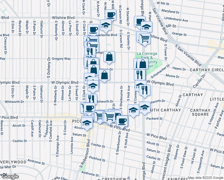map of restaurants, bars, coffee shops, grocery stores, and more near 1027 South Bedford Street in Los Angeles