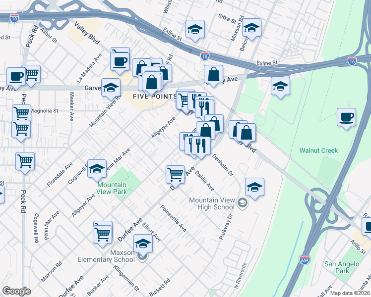 map of restaurants, bars, coffee shops, grocery stores, and more near 2923 Maxson Road in El Monte