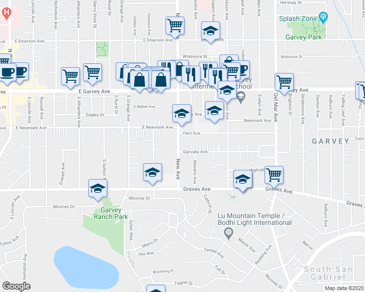 map of restaurants, bars, coffee shops, grocery stores, and more near 7434 Fern Avenue in Rosemead