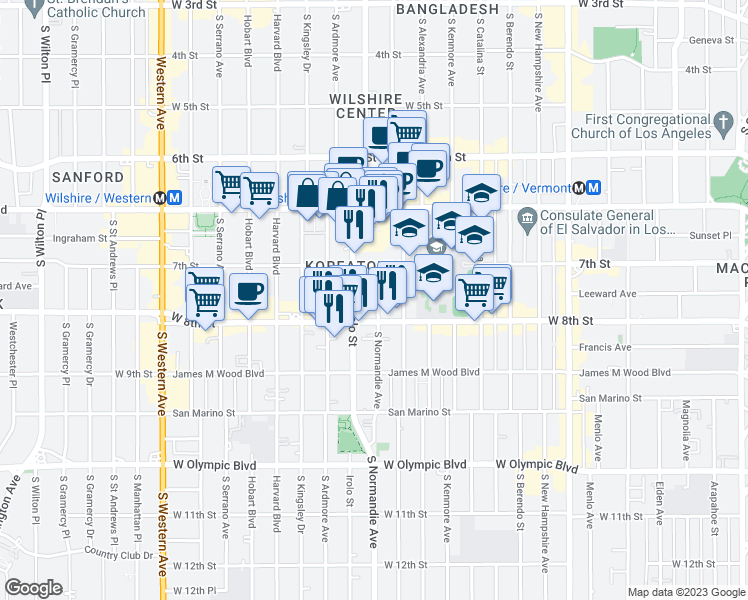 map of restaurants, bars, coffee shops, grocery stores, and more near 3550 West 7th Street in Los Angeles
