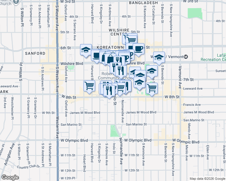 map of restaurants, bars, coffee shops, grocery stores, and more near in Los Angeles