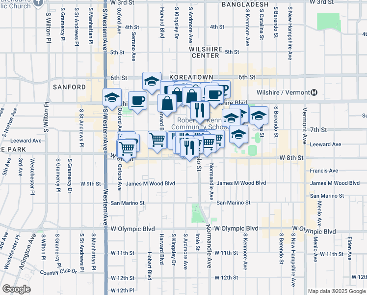 map of restaurants, bars, coffee shops, grocery stores, and more near 729 South Ardmore Avenue in Los Angeles