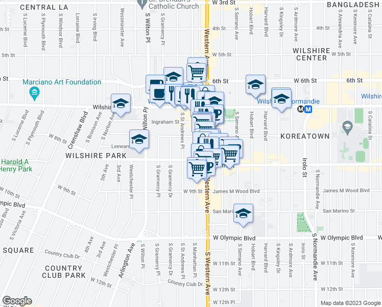 map of restaurants, bars, coffee shops, grocery stores, and more near 718 South Saint Andrews Place in Los Angeles