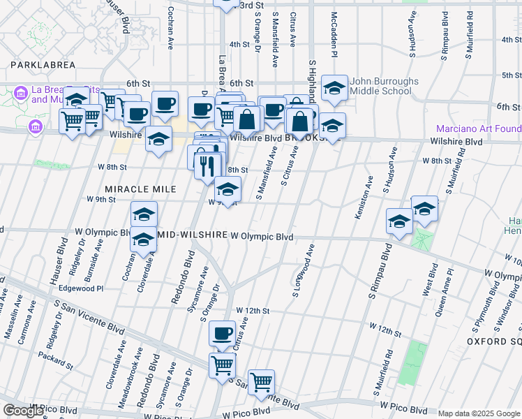 map of restaurants, bars, coffee shops, grocery stores, and more near 855 South Citrus Avenue in Los Angeles