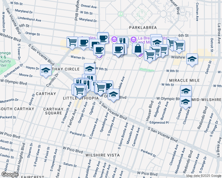 map of restaurants, bars, coffee shops, grocery stores, and more near 902 South Spaulding Avenue in Los Angeles